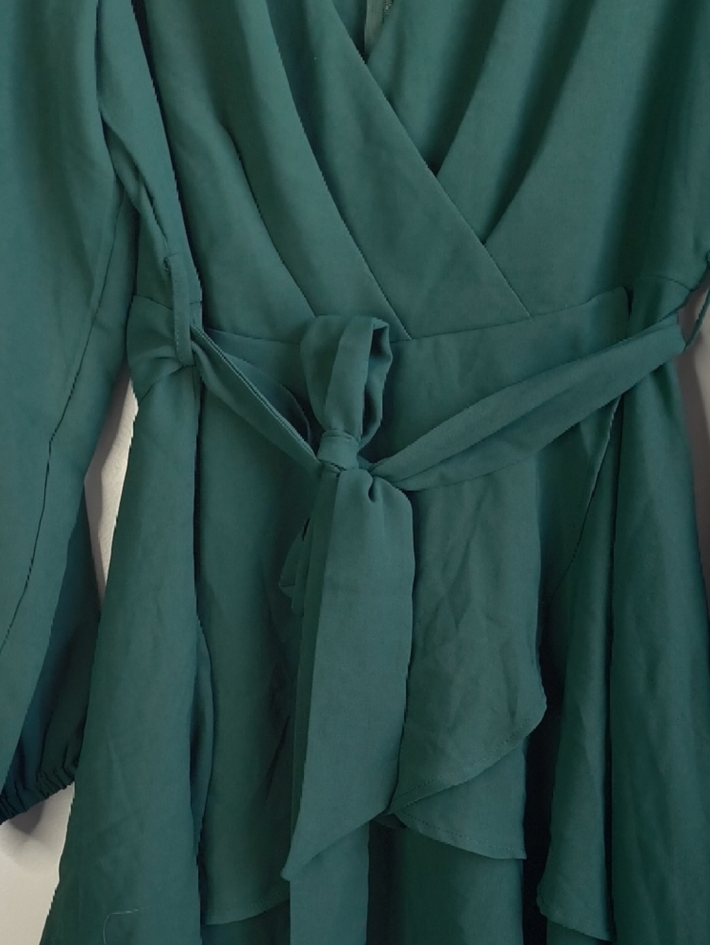 Deep Green Long Sleeve Wrap Dress with Waist Tie - Picture 2 of 6